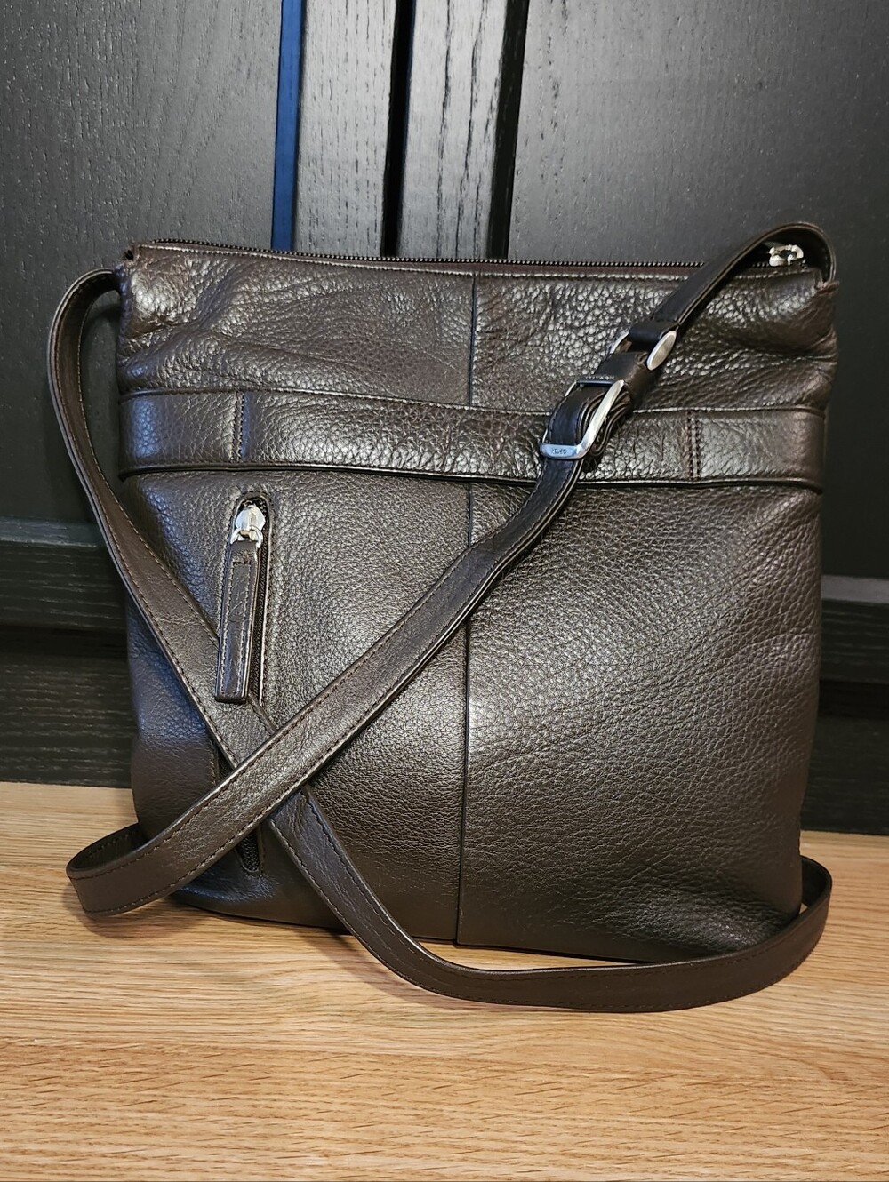 Dark Brown Pebbeled Leather Crossbody Bag - Adjustable Strap